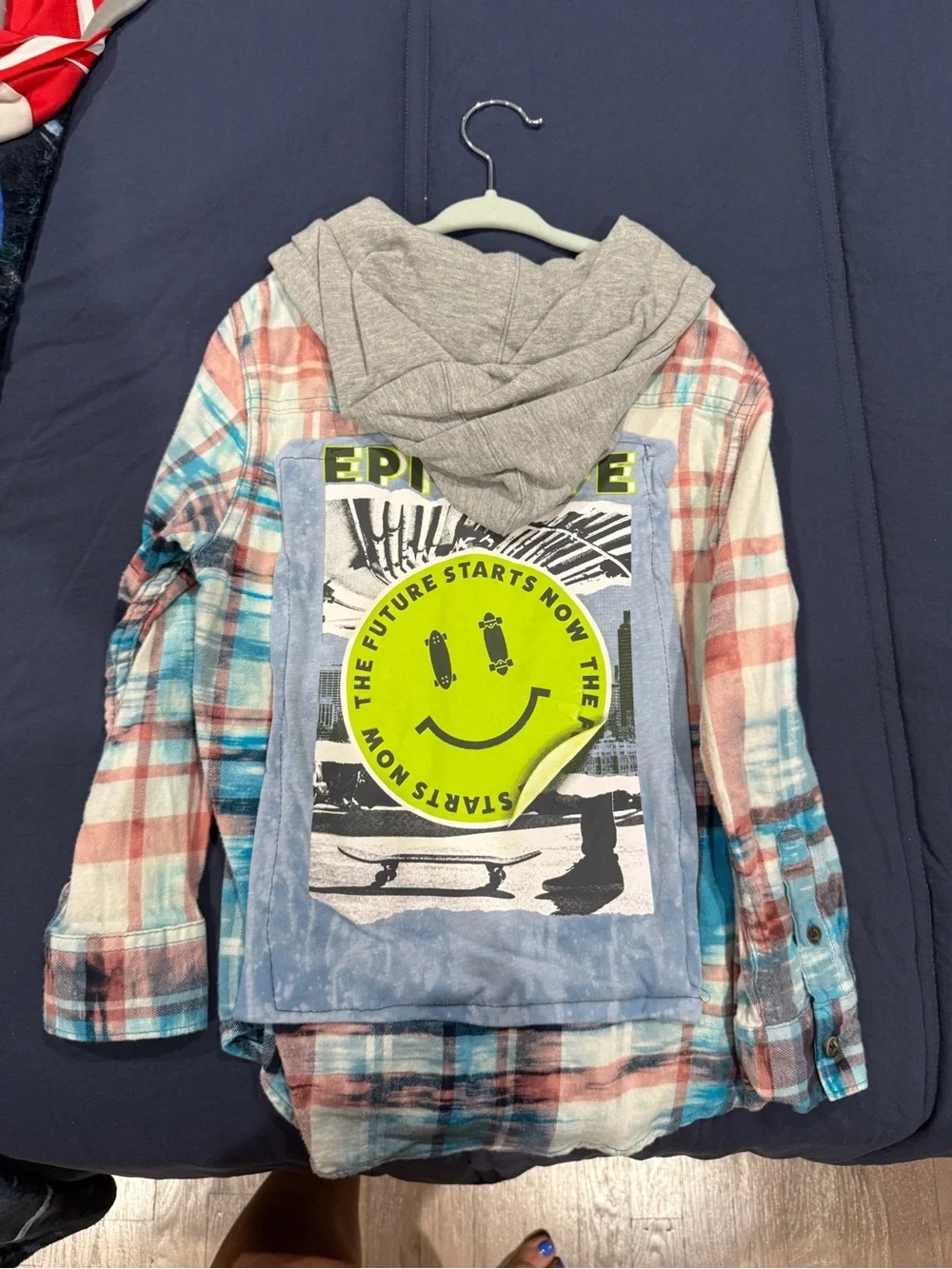 Graphic Plaid Hooded Shirt Jacket - Neon Green Smiley Patch